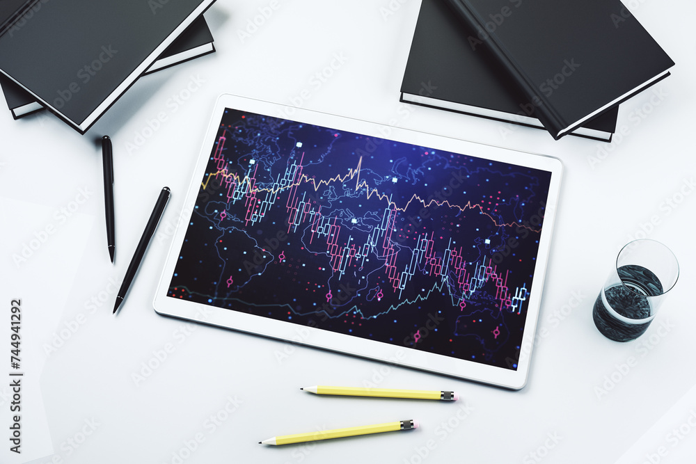 Poster top view of abstract creative financial graph on modern digital tablet screen, forex and investment 