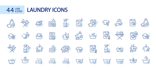 Washing clothes. Laundry detergent, washing instructions labels and statin removal. Pixel perfect, editable stroke icons - obrazy, fototapety, plakaty