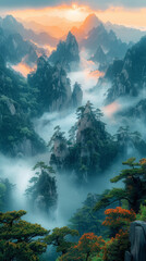 sharp jagged yellow mountains of Huangshan China covered in fog and clouds,generative ai