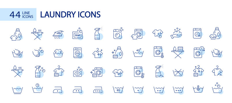 Washing clothes. Laundry detergent, washing instructions labels and statin removal. Pixel perfect, editable stroke icons