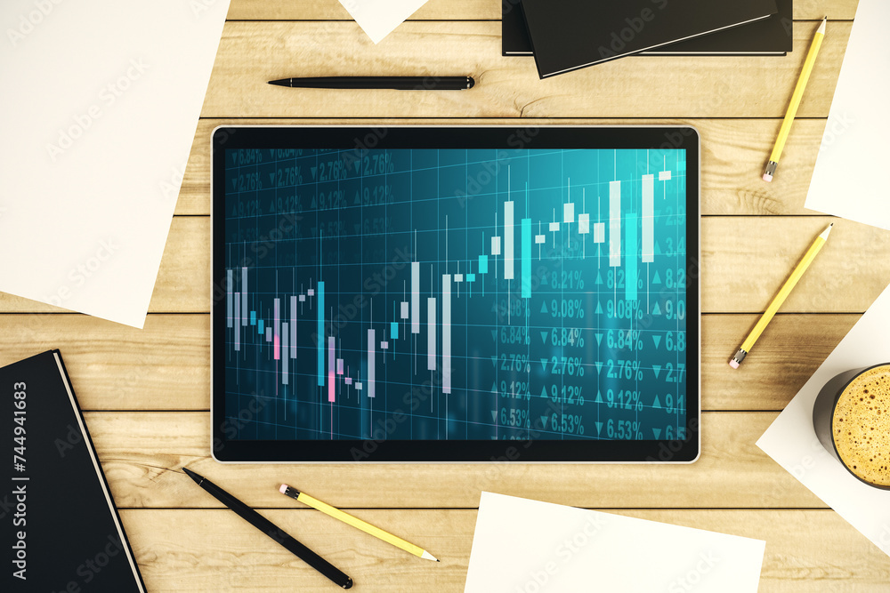 Fototapete modern digital tablet display with abstract financial graph, financial and trading concept. top view