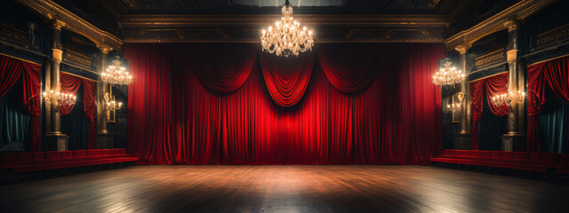Theatrical Backdrop Photography, A theatrical backdrop featuring large red curtains against an empty background - obrazy, fototapety, plakaty