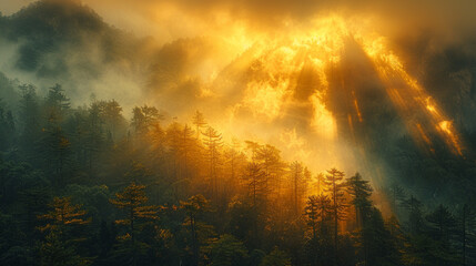 Naklejka premium sharp jagged yellow mountains of Huangshan China covered in fog and clouds,generative ai