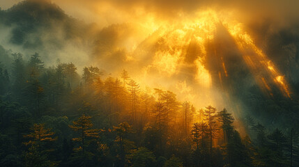 sharp jagged yellow mountains of Huangshan China covered in fog and clouds,generative ai