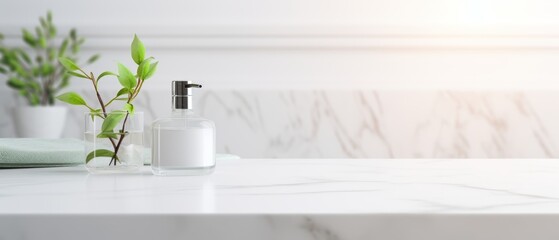 Mockup space for Montage product Minimalist white bathroom interior. Empty marble table top for product display with blurred bathroom interior background.