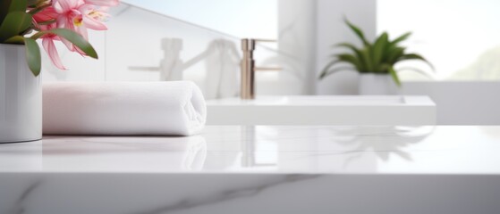 Mockup space for Montage product Minimalist white bathroom interior. Empty marble table top for product display with blurred bathroom interior background.