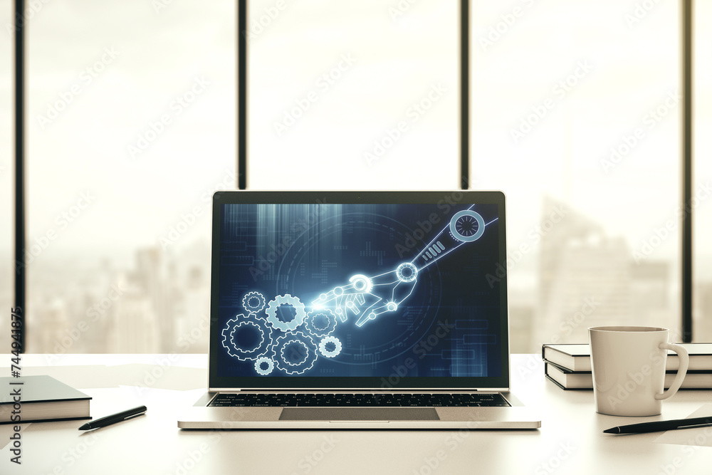 Aufkleber Creative concept of robotics technology on modern laptop screen. Robot development and automation concept. 3D Rendering