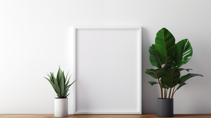 Empty white frame on the wall with green plants, simple background and wallpaper collection, poster mockup