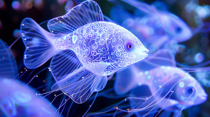 Bioluminescent creatures weaving yarn in an underwater umbra their patterns encoding secrets