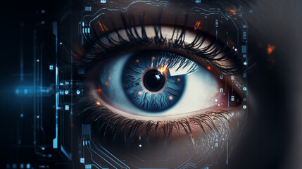 Women's eyes with an abstract virtual interface, technologies usage in everyday life, IT information technology for decision making