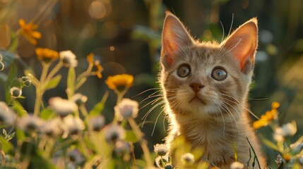 Adorable Orange Tabby Kitten Amongst Flowers at Sunset
