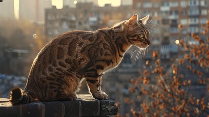 Majestic Tabby Cat on a Wall Overlooking the City at Sunset