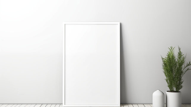 Empty white frame on the wall with a green plant, simple background and wallpaper collection, poster mockup