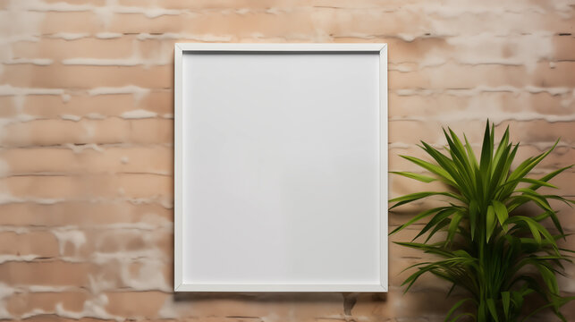 Empty white frame on the wall with a green plant, background and wallpaper collection, poster mockup