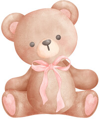 Adorable Coquette Teddy Bear with pink ribbon bow Watercolor Illustration