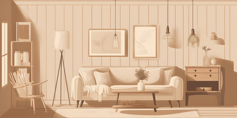 Nordic farmhouse design. Interior of beige living room with furnishings made of natural wood. Wall background mockup. illustration
