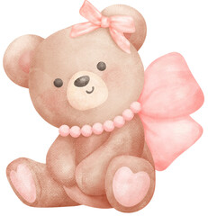 Adorable Coquette Teddy Bear with pink ribbon bow Watercolor Illustration