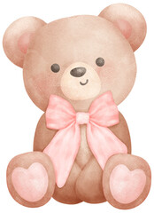Adorable Coquette Teddy Bear with pink ribbon bow Watercolor Illustration