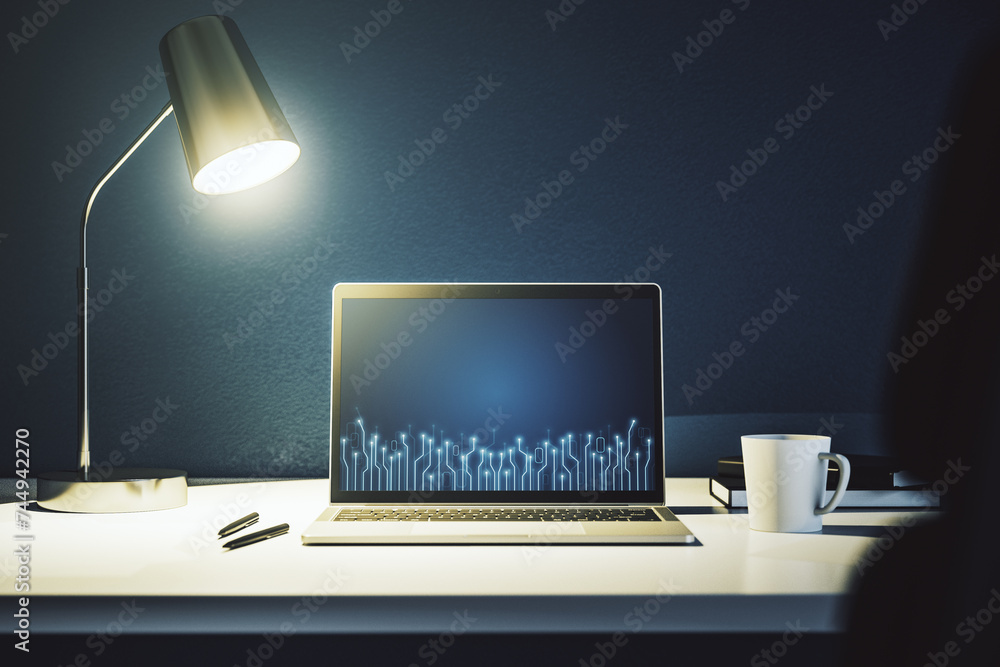 Aufkleber Creative abstract micro chip hologram on modern computer monitor, artificial intelligence and machine learning concept. 3D Rendering