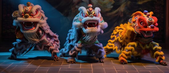 Chinese art lion dance at nighttime cultural Chinese New Year festival, Chinese tradition