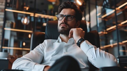 Fototapeta premium Businessman in thoughtful pose in office