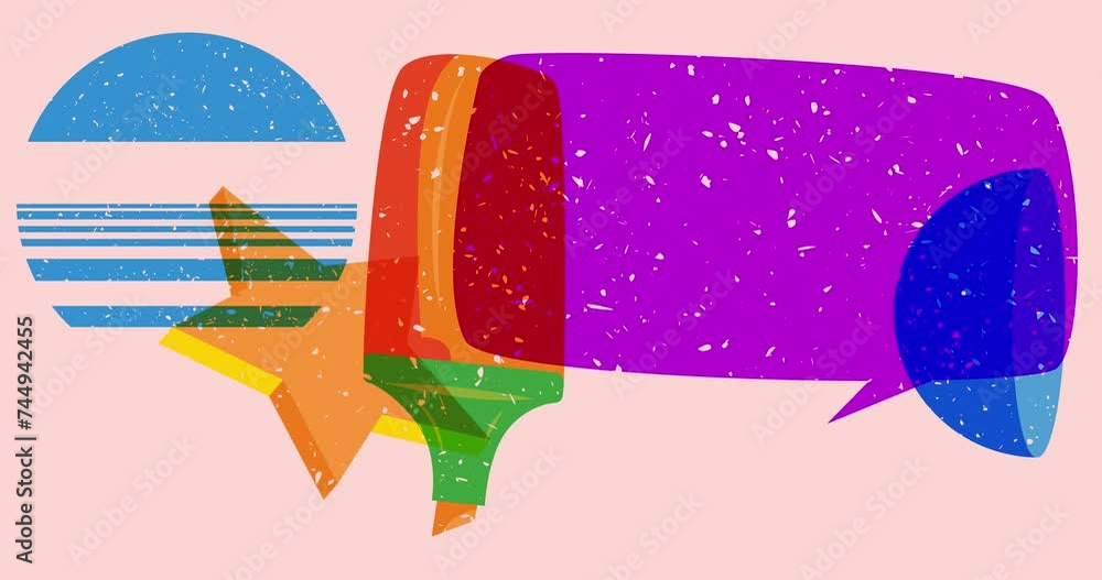 Poster risograph felt tip pen and speech bubble with geometric shapes animation. moving object in trendy ri