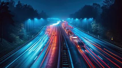  Busy traffic on the highway at night with beautiful city lights and car headlights © siti