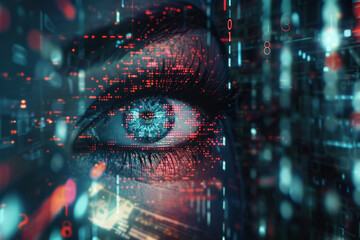 Close-up of human eye with reflection digital binary codes, symbolizing the intersection of technology, cybersecurity, and digital identity