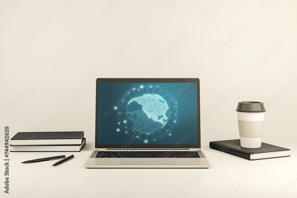 Poster computer monitor with digital america map, global technology concept. 3d rendering