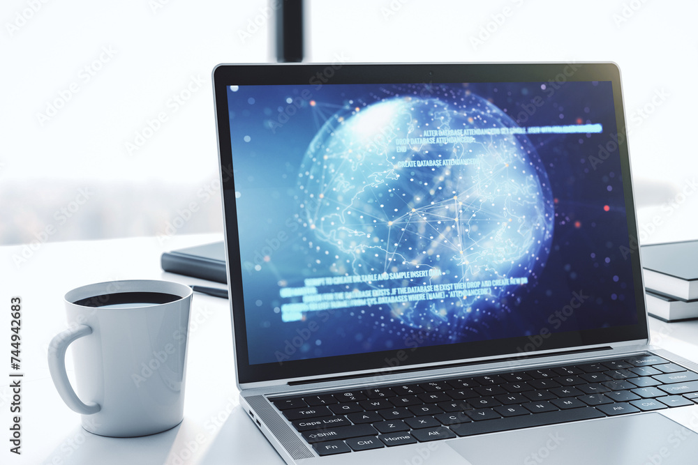 Aufkleber Modern computer monitor with abstract programming language with world map, research and development concept. 3D Rendering