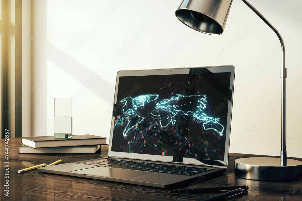 Poster abstract creative world map on modern laptop screen, international trading concept. 3d rendering