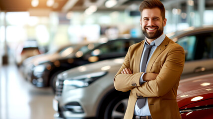 Smiling manager in a car dealership looking at the camera.