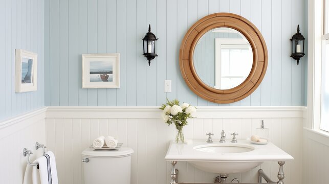 Nautical-inspired Bathroom with Ship Lap Walls and Porthole Mirror Transform your bathroom into a nautical-inspired retreat that evokes the spirit of coastal living