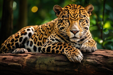 jaguar lounging on a tree, forest background