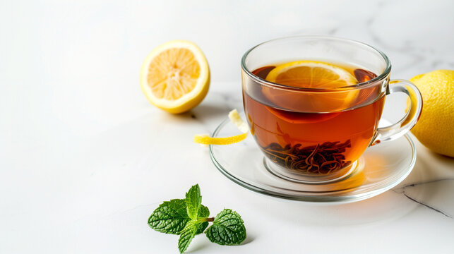 cup of tea with lemon slices on a saucer