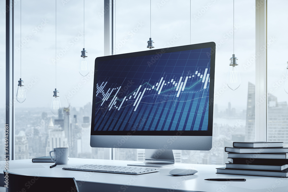 Poster modern computer display with abstract financial graph, financial and trading concept. 3d rendering
