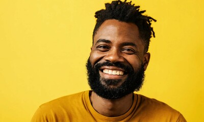 Obraz premium Portrait of cheerful bearded black man over yellow