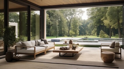 Open-Air Lounge Create an open-air minimalist sunroom with sliding glass doors - obrazy, fototapety, plakaty