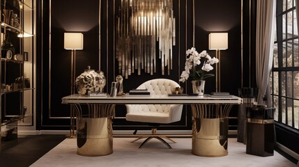 Opulent Art Deco-inspired Home Office with Soft Gold Walls and Gilded Glamour Design an opulent Art Deco-inspired home office with soft gold walls