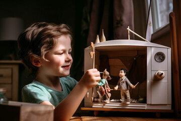 Fototapeta na wymiar a child performs a modern day puppet show, using a little wooden prop tv
