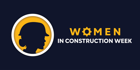 Women in Construction Week. Vector silhouette of woman wearing project hat. Cards, banners, posters, social media and more. Black background.