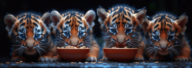 Four Baby Tigers Eat from Food Bowls extreme closeup. Generative AI