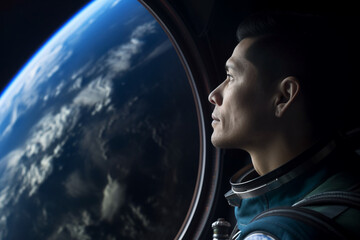 a commercial space traveler looking at the earth throughout the window at inside of the spaceship - obrazy, fototapety, plakaty