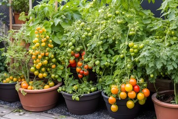 Fototapeta na wymiar vegetable farming in containers. Garden of vegetables on a patio. yellow, red, and orange tomatoes are growing in a pot