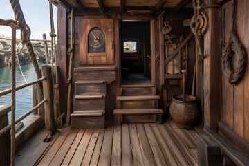 Deck of a pirate ship with a door to the captain's quarters and stairs leading to the galley