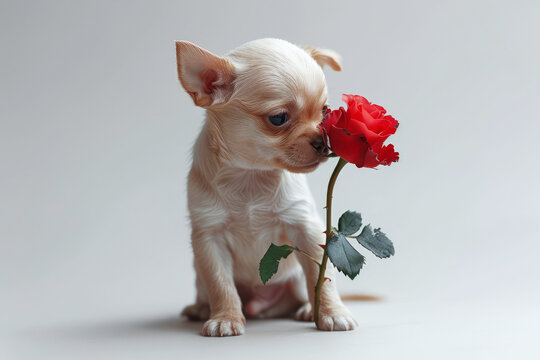 White Chihuahua Dog with Rose Flower extreme closeup. Generative AI