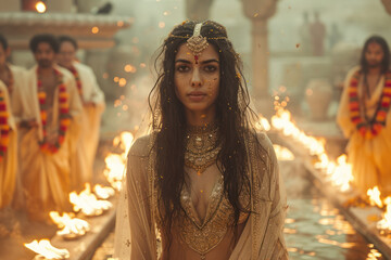 Happy Holika Dahan Concept. Beautiful Woman as Mythological Holika During Holika Dahan Festival India extreme closeup. Generative AI