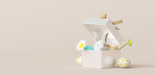 Happy Easter day, Bunny in gift box with eggs. 3d rendering