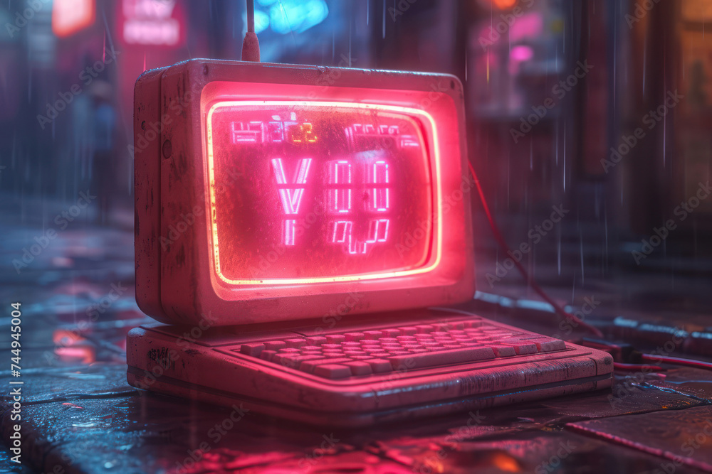 Poster retro vintage computer desktop extreme closeup. generative ai