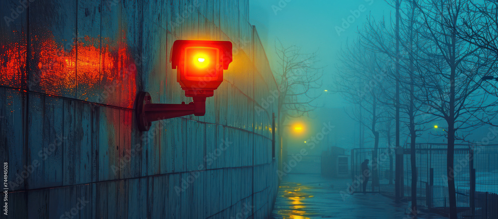 Poster security camera with infrared light on the side of a building extreme closeup. generative ai